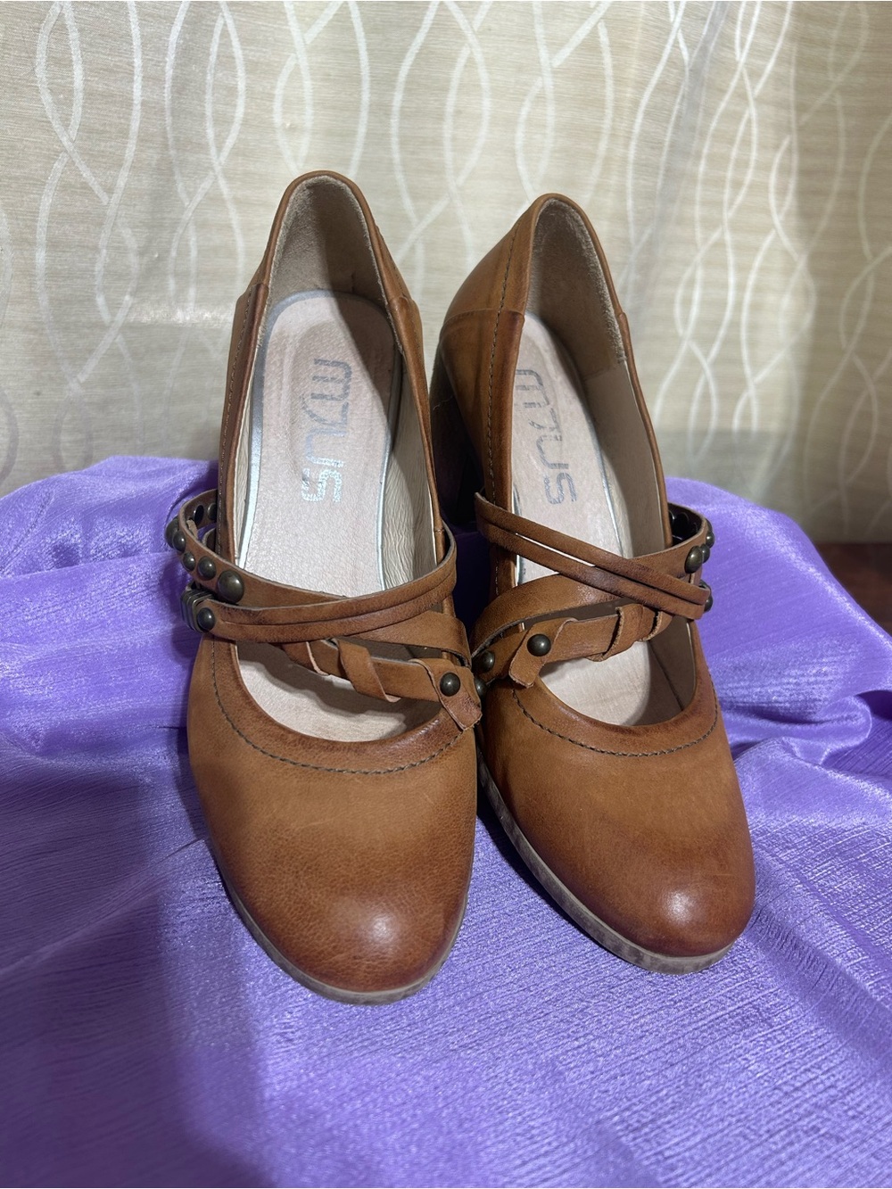 MJUS Women's Italian Brown Leather Mary Jane Heels with Decorative Straps